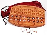 HUS BAO aus Samena-Holz - mit Edelsteinen und asiatischem Aufbewahrungssack für das SPIEL - Halbedelsteinspiel Edelsteinspiel Steinchenspiel Kalaha