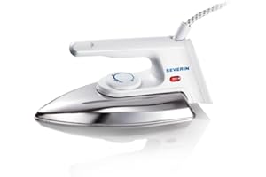 SEVERIN Plancha de mano sin vapor con suela de aluminio pulido y regulación continua de la temperatura, Mini plancha ligera de 600 g con protección contra dobleces del cable, blanca, BA 3211