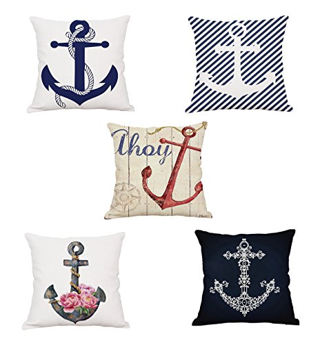 Blue BD 5 x Fundas de Almohada Maritim, Fundas de Almohada 45 x 45 cm, Diseño Estampado, Vintage, Cojín (Adorno de Almohada, Decoración sofá