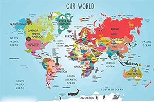 Educational Sticker Poster|Our World|World Map|Learning Poster for Kids|Poster for Drawing Room/Living Area/Cupboards|Decorative Poster|Interior Wall Decor|Unframed Wall Poster|Self Adhesive Poster
