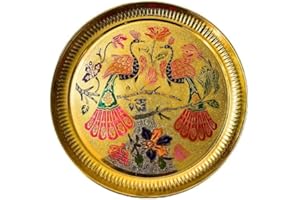 Decorative peacock Brass Thali Plate Brass Thali Prasad Plate for Pooja Utensils Indian Traditional Festival New year Decorations Housewarming and Home Decor Return Gifting (Size:- 6")(Golden)