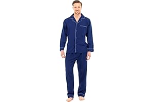 MYSHOESTORE Mens Traditional Pyjamas 2 Piece Set Classic Style Plain Poly Cotton Pjs Nightwear Lounge Wear Sleepwear Suits Sleeping Suit Button Up Long Sleeve Shirt Tops Pants Trousers Bottoms