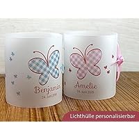 8 x Personalisierbare Lichthülle mit Schmetterling für Tischlicht für Taufe, Geburtstag
