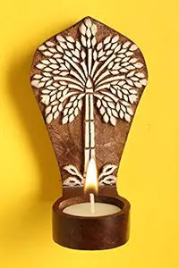 Craftbell Wooden Engraved Palm Tree Table Cum Wall Tealight Holder - T Lights, Votive Candle Holder, Hanging Lights, Decorative Lights, Candle Stand, Candle Holder, Decoration Items, Table Decor For Home Decor & Gift Items / Diwali Gift