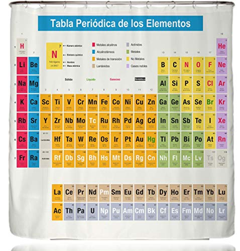 arteneur Tabla Periódica Española Anti-Moho Cortina de Ducha 180 x 200 cm Impermeable, Lavable con Efecto Anti Adhesivo Hecha de 100% de Poliéster Incluye 12 Anillos de Cortina de baño