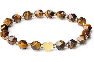 MetJakt Bracelet en Pierre Naturelle 8MM Cristaux Design Cœur Extensible Bracelet en Pierres Précieuses Facettées Semi-Précieuses Perles Dorées 18k Bijoux pour Femme