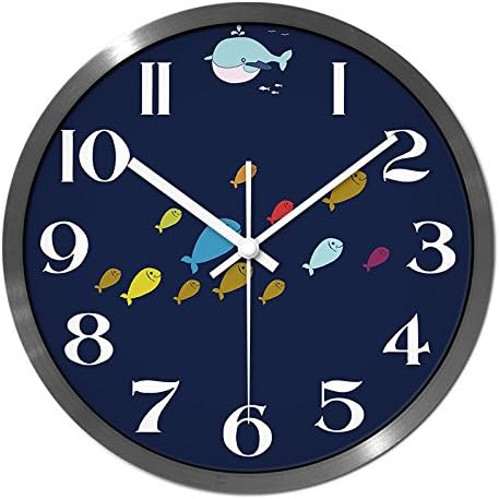 Underwater World Cartoon Cute Little Fish Children Bedroom Wall Clock Watch Ultra Quiet When Wall Charts, 12-Inch, Silver Box