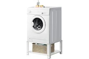 Stakmann Supporto per Lavatrice e Asciugatrice con Ripiano, Base per Elettrodomestici in Acciaio Capacità 150kg, Basamento con Piedini in Gomma Antiscivolo, Rialzo con Mensola Bianco 31 x 63 x 54 cm