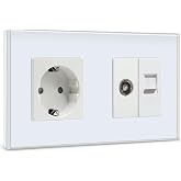 BSEED Wall Socket with 1/2 PC+ TV,Coaxial TV Antenna and Ethernet RJ45 Cat5e,Schuko Plug with Glass Panel,White Power Socket,