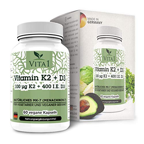 Vitamina K2 100µg di VITA1  60 capsule (fornitura per 2 mesi)  alto dosaggio con Vitamina D3  Fatto in Germania