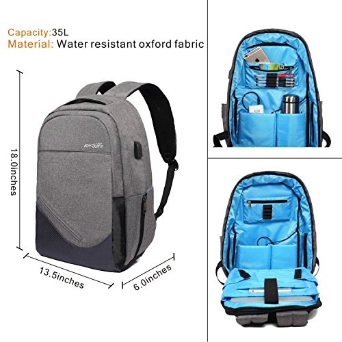 Jintu Diebstahlschutz Oxford Stoff Rucksack Business Wasserdicht Laptop Rucksack Schultasche Daypack für 39,6 cm Notebook Laptop Computer, Business, Outdoor, Reisen, Arbeit – 35L/grau mit USB Lade-Schnittstelle - 3