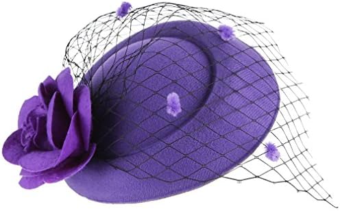 Cloudkids Women Fascinator Pillbox Caps Lady Flower Veil Hairclip Hat For Derby Purple Size:16*14cm;Height:8cm