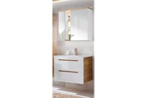 Lomadox Badmöbel Waschplatz Set mit 80cm Waschtisch-Unterschrank mit Keramik-Waschbecken & LED-Spiegelschrank