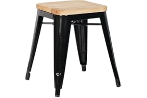 Bolero gm635 Stahl Bistro Low Hocker mit Sitz aus Holz Pad, Schwarz (4 Stück), 455(H) x 405(W) x 405(D)mm
