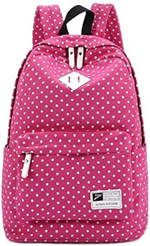 School Bag for Teenage Girls Lightweight Casual Daypack Canvas Polka Dot Lightweight Casual Backpack Laptop Bag (Dark Blue) (Rose Red)