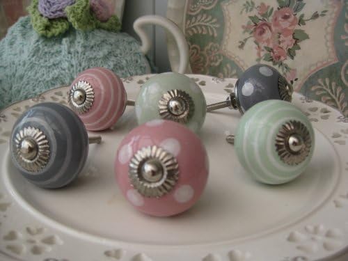 Set of TWELVE pink/pale green/grey (you choose mixed or one colour!) polka dot spot/stripe ceramic KNOB handle pull for furniture (drawers, cupboard doors etc) exclusively sold by Vintage Pink