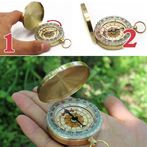 Natuce tragbarer Kompass im Taschenuhr-Format (aufklappbar) aus Messing, Camping- Wanderkompass, Outdoor-Navigationswerkzeug – Gold - 7