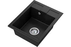 GRANITAN BEST Küchenspüle – Spüle aus Granit mit Siphon Chrom, Sieb und Imprägniermittel - Spülbecken mit 1 Becken – Einbauspüle 40x50 cm – Schwarz