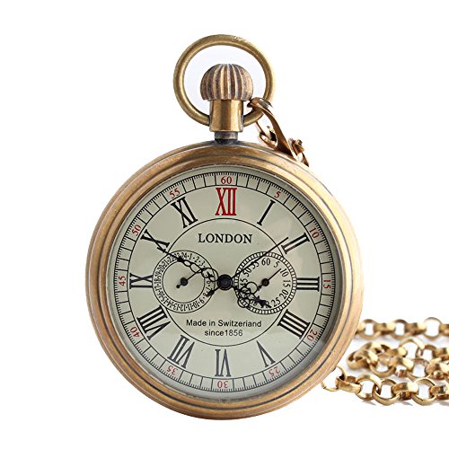 XLORDX Classic Taschenuhr Herren Vintage Retro Bronze Römisch Ziffern Handaufzug Mechanische Halskette Kette Pocket Watch