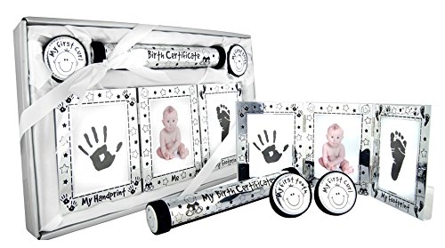 New Baby Unisex Boy Girl Gift 4 Piece Keepsake Set, First Curl and Tooth Box, Hand and Footprint Prints Kit, Shiny Silver