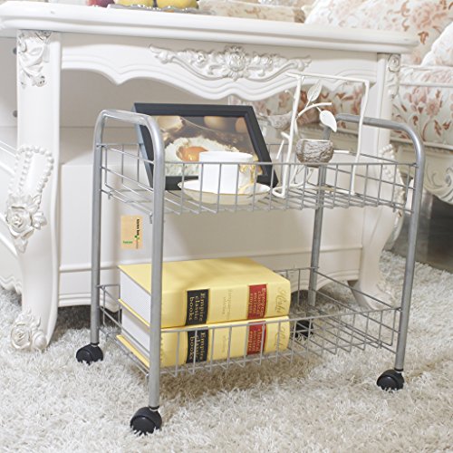 Finether 2-Tier Badwagen Küchenwagen Draht Rollwagen Allzweckwagen Haushaltwagen Badregal Küchenregal Standregal mit Rädern 2-Tier Wäschekorb Aufbewahrungskorb Rack Metallregal 40.5×40.5x26cm Silber - 3