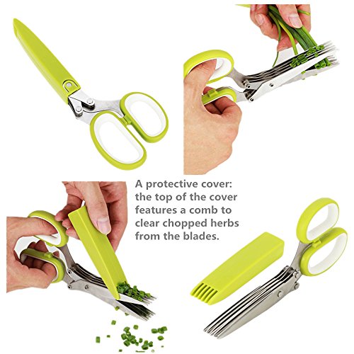 Kräuter Schere, Küche Lebensmittel Schere mit 5 Edelstahl Klingen und Reinigung Kamm Abdeckung für Gemüse Obst Kräuter Lebensmittel Schneiden, Hacken, Schneiden, Scheren - 3