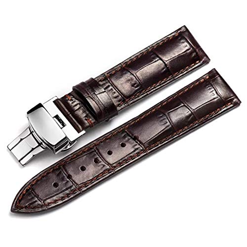 19mm Brown Genuine Leather Watch Band for Men and Women Imported Calfskin Replacement with Silver 316L Stainless Deployment Buckle