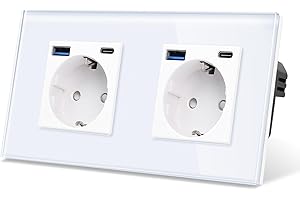 CNBINGO Podwójne szklane gniazdko z portami USB (typ C i typ A, szybkie ładowanie 20 W), gniazdko podtynkowe w kolorze białym, styk ochronny, gniazdko ścienne ze szklaną ramą
