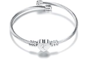 KENYG Delicate Silver Love Heart 26 Initial Letter Alphabet A-Z Cuff Bracelet Open Bangle Adjustable Jewellery Gift For Daughter Son Sisters Friends Mom Colleague Lover Birthday Christmas