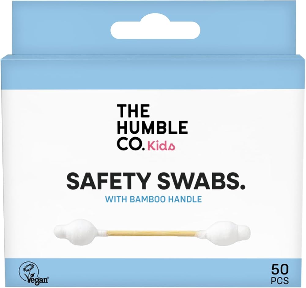 The Humble Co. Cotton Swabs Kids Safety Swabs 50 Pcs Çocuklar için Emniyetli Kulak Çubuğu Beyaz, Çevre dostu pamuklu kulak çubukları, plastik içermeyen ambalaj, doğal renkli pamuktan kulak çubukları