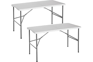 THINIA HOME - Mesa Plegable Portátil para Camping 122cm, Resina, Uso Interior y Exterior, Jardín, Terraza, Eventos y Celebraciones, Catering, Diseño Maleta, Asa de Transporte, Ligera, Blanco, Pack 2