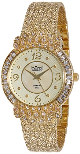 Bürgi BUR120YG Damen-Armbanduhr, goldfarben, mit strukturiertem Uhrenband und kristallbesetzter Lünette.