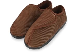 LARGERED Kapcie męskie, sztruksowe, buty dla cukrzyków, z zapięciem na rzepy, miękka podeszwa z pianki z pamięcią kształtu, ciepłe, pogrubione, antypoślizgowe pantofle EU40-47