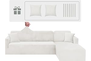 CHELZEN Velours Housse de Canapé Peninsula en Forme de L, 2 Pièces Housses de Canapé d'angle, Housse de Canapé pour Chaise Longue avec Deux Taies d'oreiller (2 Place+3 Place, Blanche)