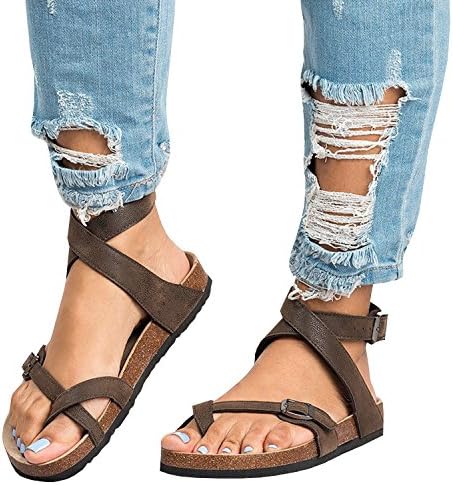 Outgobuy Womens Sandals Flat Ankle Buckle Gladiator Thong Flip Flop Casual Summer Shoes (40 EU, Brown)