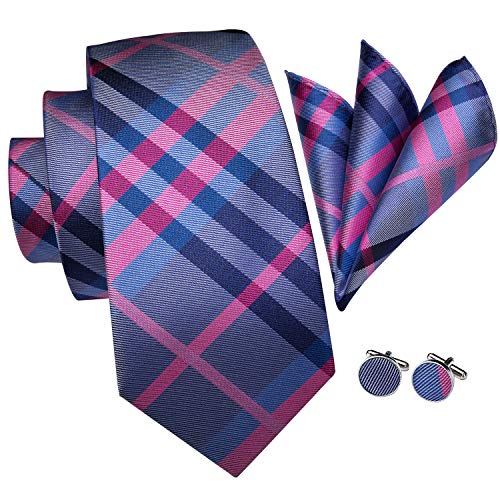 Set Hi-Tie de pañuelo y corbata de seda y de gemelos, con diseño de cuadros, para hombre Azul Blue Pink