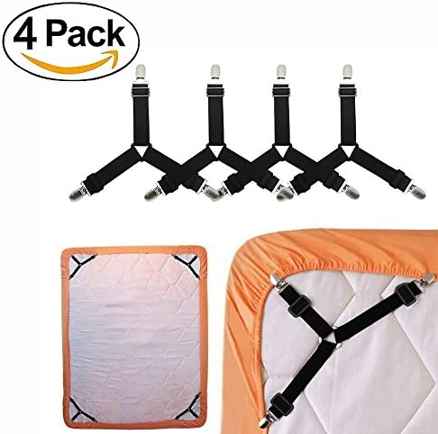 Adjustable Elastic Bed Sheet Fasteners, Flat Bed Straps Suspenders, Triangle Bed Sheet Holders Fasteners Grippers Metal Clips Suspenders Corner Straps (4 Packs)