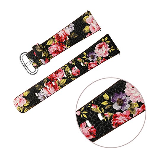 bayite leather bands for Fitbit Versa, Slim Genuine Leather Strap Replacement Accessories Fitness Classic Wristband for Versa Bands Women Men, Black with Pink Flower