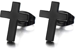COOLSTEELANDBEYOND Unisex Nero Orecchini di Croce. Orecchini da Uomo da Donna. Croce Orecchini a Lobo. Acciaio Inossidabile. 2 Pezzi