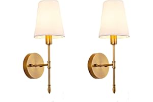 Aiehnid Wall Lights Battery Powered Sconces Set of 2,No Wiring Required Fabric Wall Lamps,with Remote Dimmable Light Bulb Easy to Install,for Bedside, TV Wall,Lounge,Farmhouse (Color : Gold-Sconce)