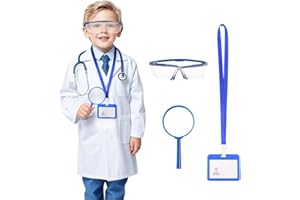 BSBUY Biały fartuch laboratoryjny, zestaw dla dzieci, 4 sztuki, kostium naukowca z kartą identyfikacyjną, okularami, szkło powiększające, kostium dla dzieci, lekarstwo, płaszcz laboratoryjny, fartuch
