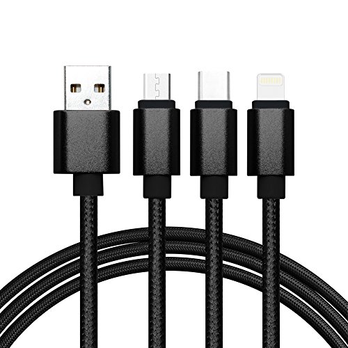 Multi USB Kabel, 4ft /1.24m Nylon geflochten 3 in 1 USB Ladekabel Adapter Stecker mit 8 Pin Lightning / Type C / Micro USB für iPhone 6s, 6, 6 Plus, 5 / 5S / 5C, Galaxy S2, 3, 4, Nexus 6P , 5X und mehr Smartphones(Schwarz)