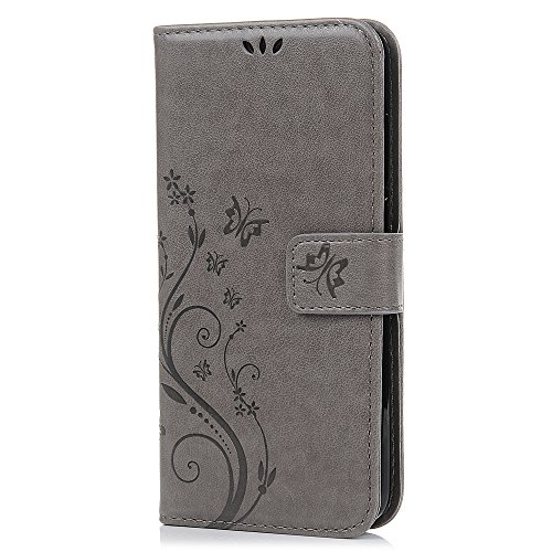Huawei Y6 II / Y6 2 Hülle Case YOKIRIN Gray PU Leder Flip Tasche Ledercase Cover Wallet Handyhülle Folio Schutzhülle Handytasche Handyschale mit Standfunktion Kredit Kartenfächer Magnetverschluss in Muster:Schmetterling Blumen - 3