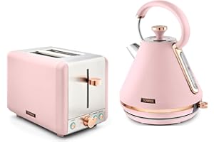 Tower Cavaletto Pink 1.7L 3KW Pyramid Kettle & 2 Slice 850w Toaster. Contemporary Matching Kettle & 2 Slice Toaster Set in Pink & Rose Gold