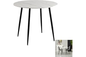 HomJoy Round Dining Table with Black Metal Legs Kitchen Table 90cm slate table top Leisure Coffee Table (White,90cm)