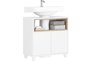 SoBuy Mobile Sottolavabo per Bagno Mobiletto Salvaspazio Armadietto con Anta e 2 Ripiani, Design Bianco-Legno, Ideale per Lavandino, Arredo Bagno Componibile 60x30x61 cm BZR148-W