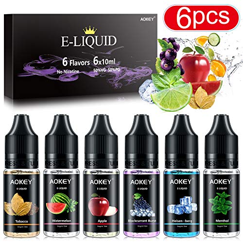 E-líquidos 6x10ml AOKEY E Liquido Vaper VG50/PG50 E-Juice Sin Nicotina E-Liquid E Cigarette Liquido para Cigarrillos Electronicos Vaporizador | Mentol, Heisen-berg, Sandía, Manzana, Uva Slush