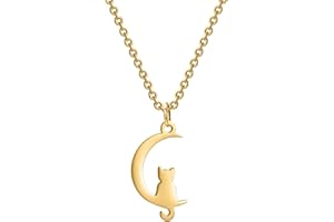 Flongo Cat Moon Necklace for Women: Gold Silver Cat on the Moon Crescent Kitten Pendant Stainless Steel Adjustable Cute Classic Chain