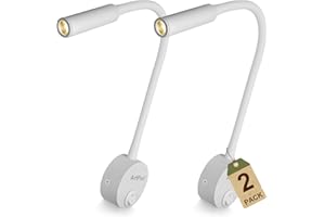 Artpad Paquete de 2 focos de pared blancos, lámpara de curva de cabecera de luz blanca cálida suave, lámpara de noche de lectura minimalista montada en la pared de 3 vatios con interruptor de botón