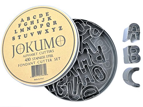 JOKUMO Mini Alphabet Letters A-Z Fondant Cutters Set – 26 PC High Grade 430 Stainless Steel with Storage Tin and Shape Identify Base Paper – Perfect for Icing, Fondant, Vegetable and Fruit